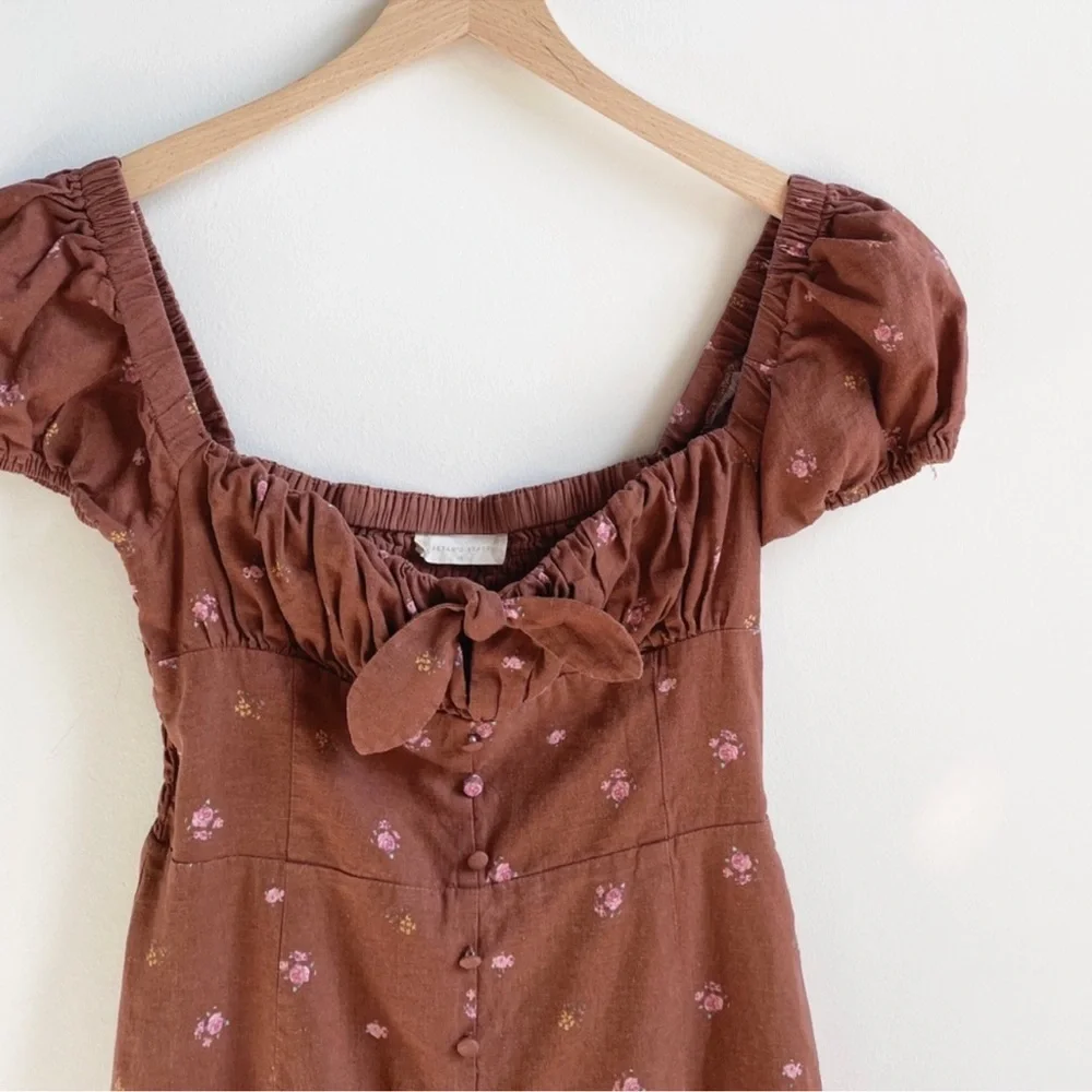 Altar’d State Brown Floral Linen Milkmaid Midi Dress Size Medium - Picture 6 of 6